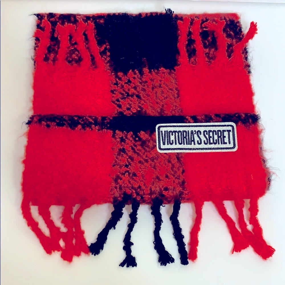Victoria’s Secret | Plaid Fringe Black + Red Scarf | Neck Wrap Shaw | Trendy